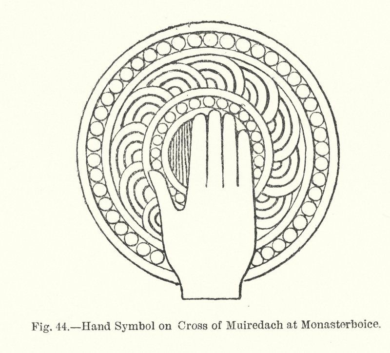 Kézszimbólum Muiredach keresztjén, Monasterboice-ban (metszet) alkotó: English School