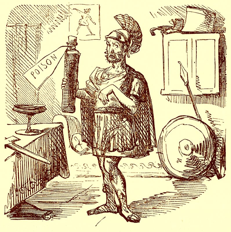 Hannibal a szokásos rendes és megfelelő beszédet mondja az öngyilkosság előtt, illusztrációja Gilbert Abbott a Beckett Róma képregénytörténetéből, 1850 körül megjelent (digitálisan javított kép) alkotó: English School