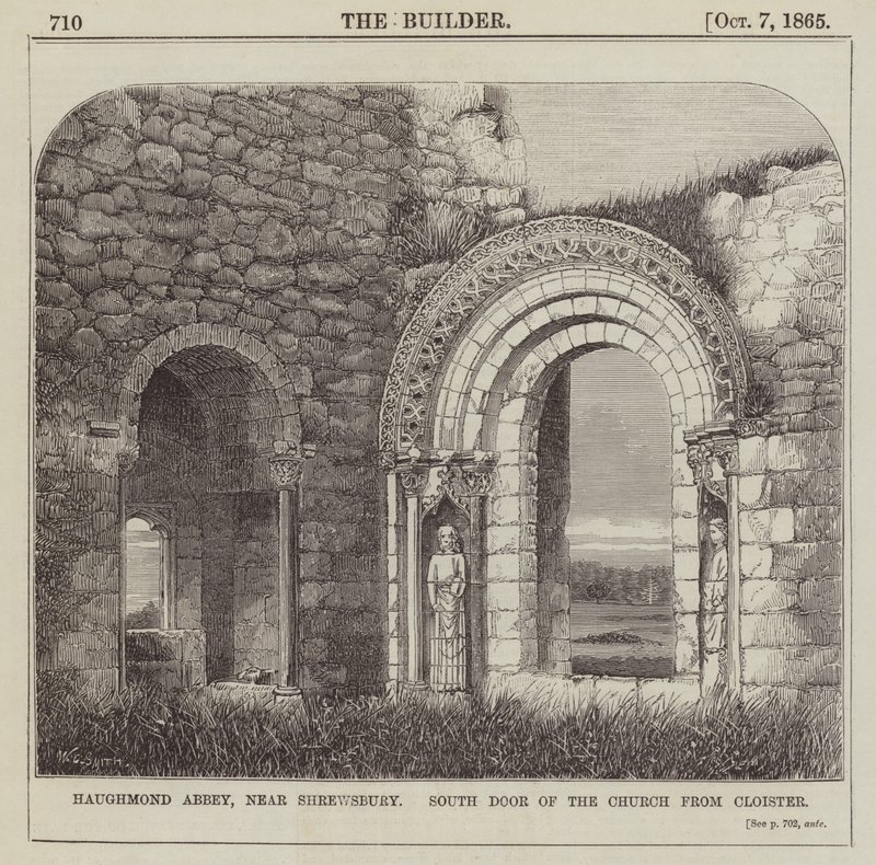 Haughmond Abbey, Shrewsbury közelében, a templom déli ajtaja a kolostorból (metszet) alkotó: English School