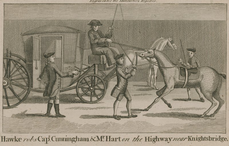 Hawke kirabolja Cunningham kapitányt és Mr. Hartot az autópályán Knightsbridge közelében alkotó: English School