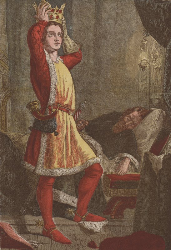 Henrik, walesi herceg, a leendő V. Henrik király, aki felpróbálja apja koronáját (chromolitho) alkotó: English School