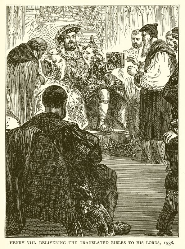 VIII. Henrik átadja a lefordított Bibliákat urainak, 1538 alkotó: English School