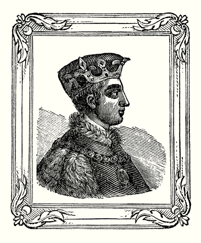 V. Henrik 1388-ban született, 1413-ban koronázták meg és 1422-ben halt meg (metszet) alkotó: English School