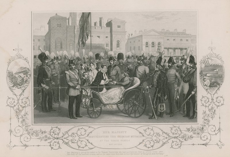 Őfelsége kiosztotta a krími érmeket a lóőrségnél, 1856. május 18. alkotó: English School