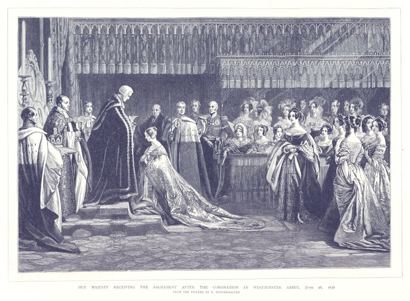 Őfelsége a koronázás után szentségvételben a Westminster Abbeyben, 1838. június 28-án alkotó: English School