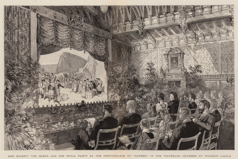 Őfelsége a királynő és a királyi parti a "Carmen" előadásán a windsori kastély Waterloo Kamrájában (metszet) alkotó: English School