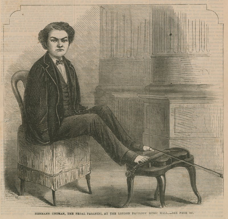 Hermann Untman, a pedál Paganini, a London Pavilion Music Hallban alkotó: English School