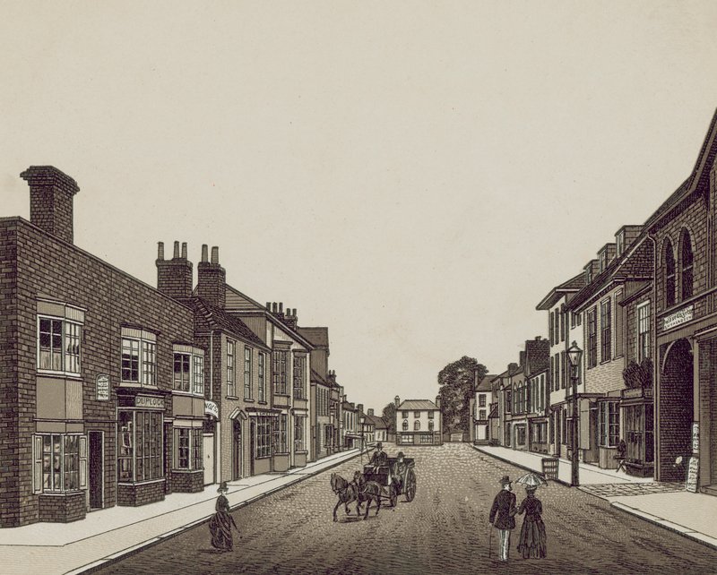 High Street, Petersfield a bank felől (litográfia) alkotó: English School