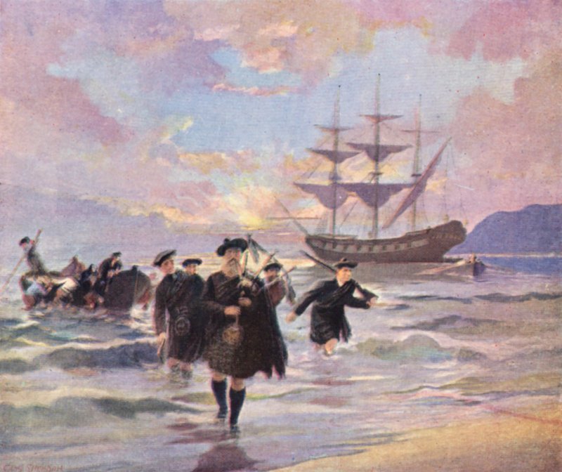 Új-Skóciai Pictou-ba érkező felföldi telepesek a "Hector"-ról, 1773 (színes litográfia) alkotó: English School