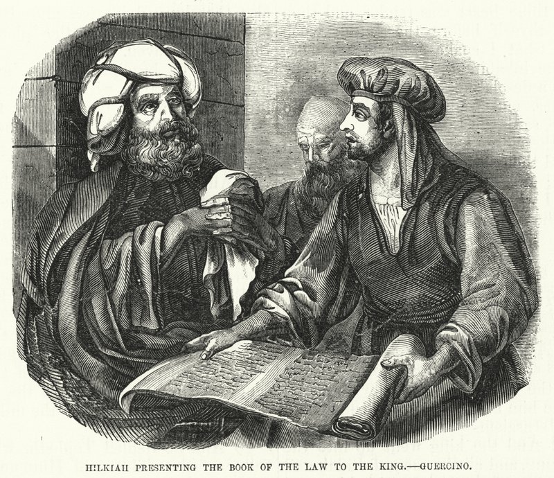 Hilkiah bemutatja a Törvénykönyvet a királynak, Guercino (metszet) alkotó: English School