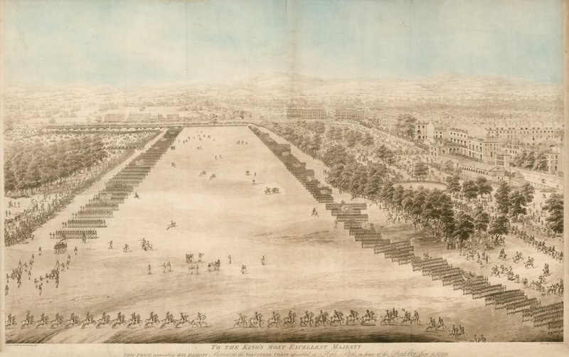Őfelsége áttekinti a Hyde Parkban az 1799. június 4-i születésnap tiszteletére összegyűlt önkéntes hadtestet alkotó: English School