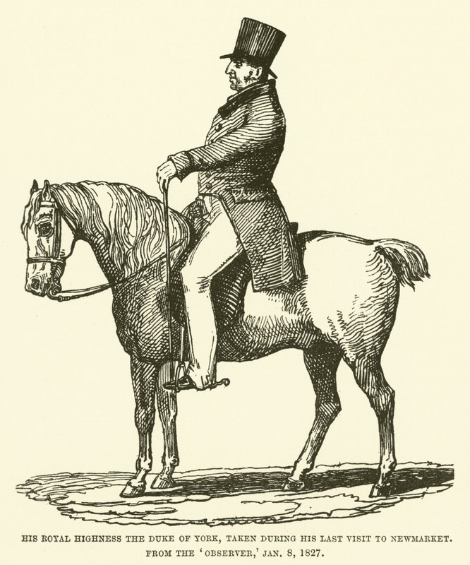 Ő Királyi Fensége, York hercege, legutóbbi newmarketi látogatása során, az Observerből, 1827. január 8-án (metszet) alkotó: English School
