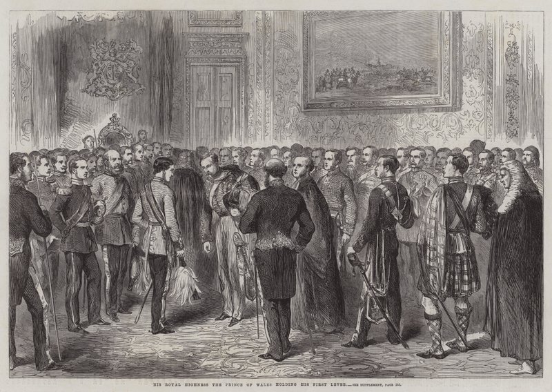 Ő Királyi Fensége, a walesi herceg, aki az első töltést tartja (metszet) alkotó: English School