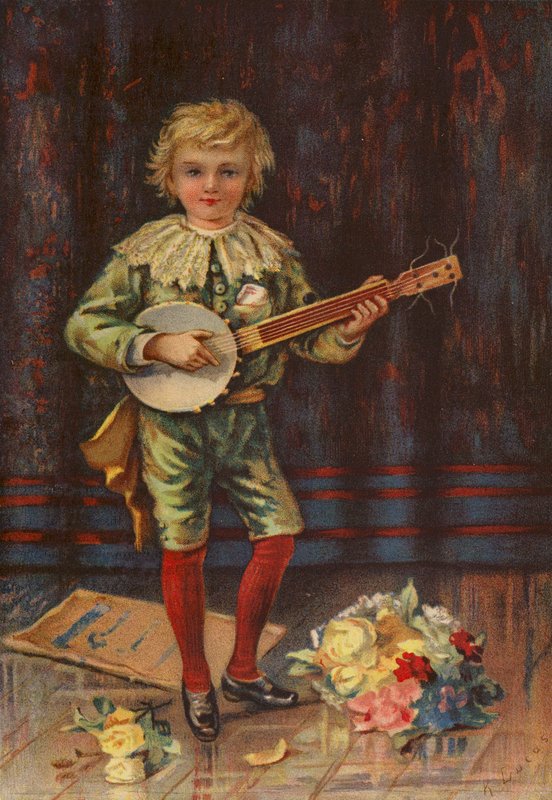 Első megjelenése - bendzsózó fiú (színes litográfia) alkotó: English School