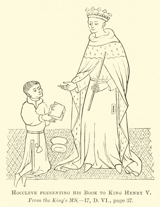Hoccleve bemutatja könyvét V. Henrik királynak alkotó: English School
