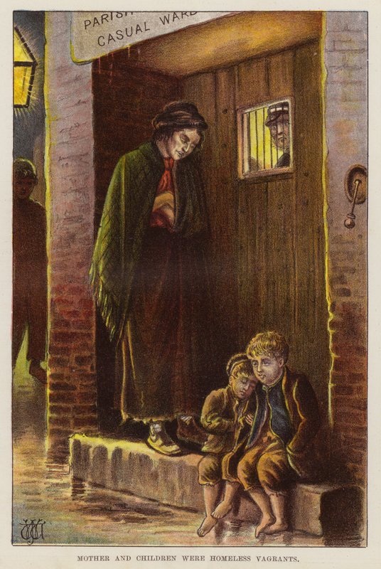 Hajléktalan anya és gyermekei a viktoriánus Nagy-Britanniában (chromolitho) alkotó: English School