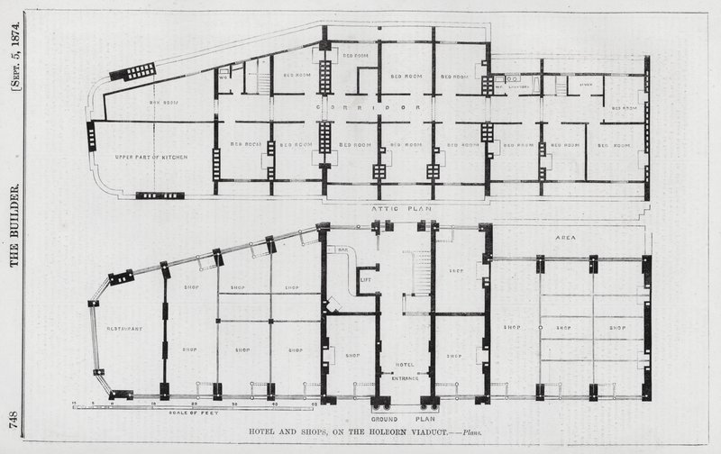 Szálloda és üzletek, a Holborn-viadukton (metszet) alkotó: English School
