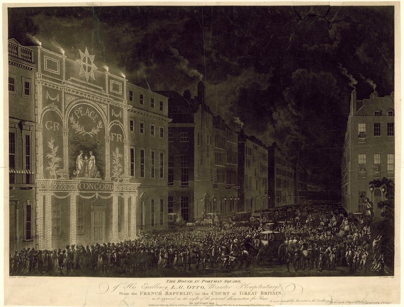 A francia nagykövet háza a Portman téren, a béke ünneplésére kivilágítva, 1802. április 29. alkotó: English School