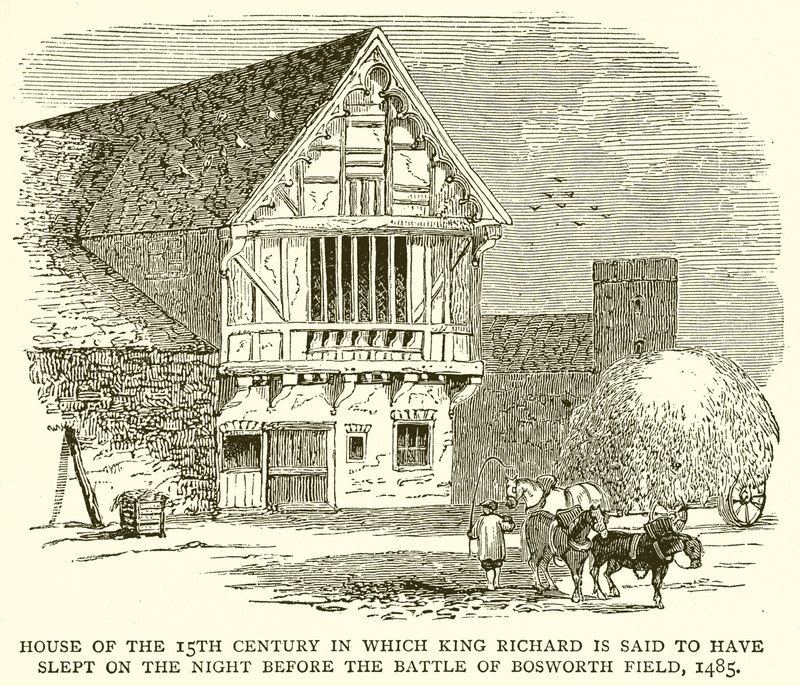 A 15. századi ház, amelyben Richard király állítólag aludt a bosworth-i csata előtti éjszakán, 1485 alkotó: English School