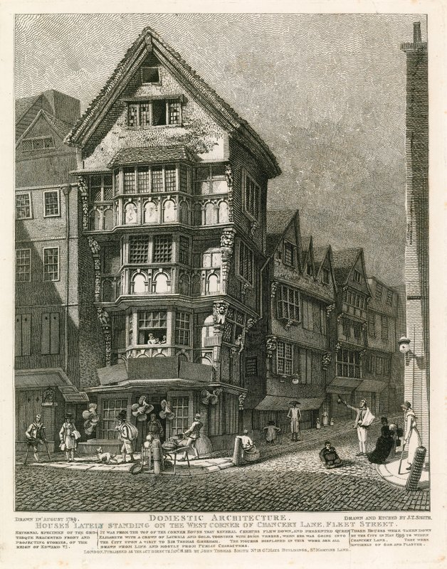 Házak mostanában a Chancery Lane nyugati sarkán, a Fleet Streeten, Londonban alkotó: English School