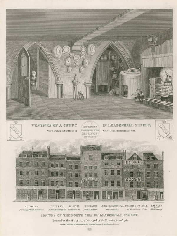 Házak a Leadenhall Street északi oldalán, az 1765-ös kiterjedt tűzvészben elpusztultak helyén emeltek alkotó: English School
