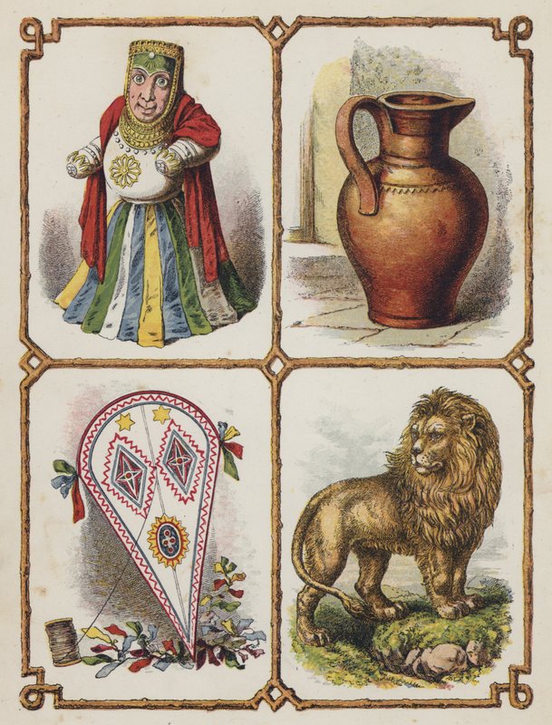 Bálvány, korsó, sárkány, oroszlán (színes litográfia) alkotó: English School
