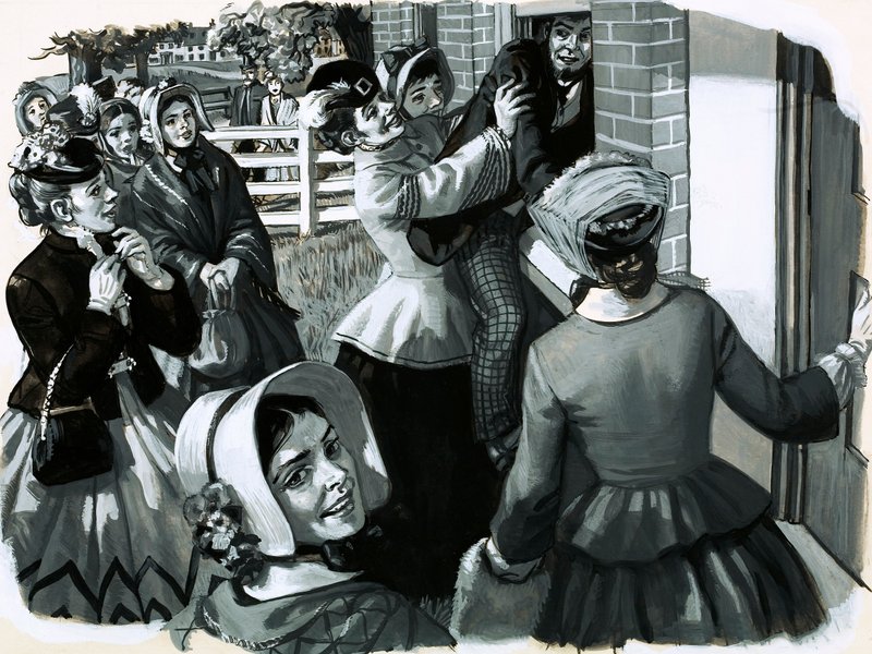 1848-ban Elizabeth Cady Stanton szüfrazsett találkozót szervezett New Yorkban (gouache papíron) alkotó: English School