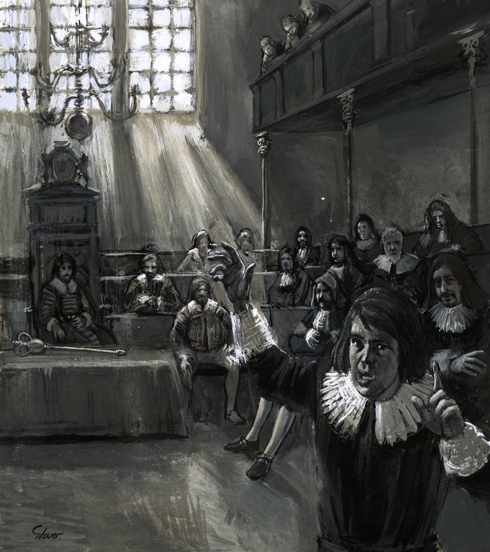 A parlamentben Oliver Cromwell a "szegény közemberek" nevében szólalt fel nyers, egyenes beszédekkel. alkotó: English School