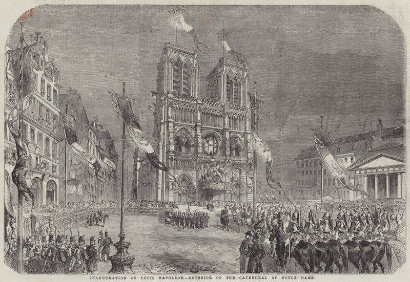 Louis Napoleon felavatása, a Notre Dame-székesegyház külső része (metszet) alkotó: English School