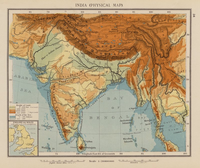 India, fizikai térkép (színes litográfia) alkotó: English School