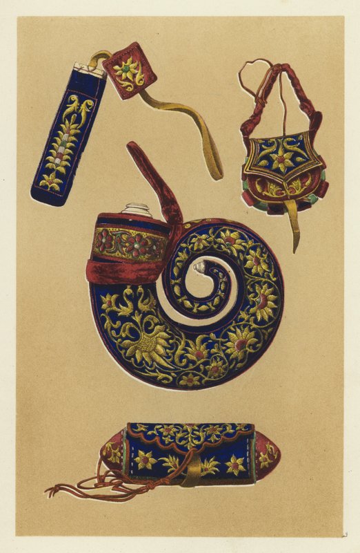 Indiai púderszarv és három darab Matchlock bútor (chromolitho) alkotó: English School