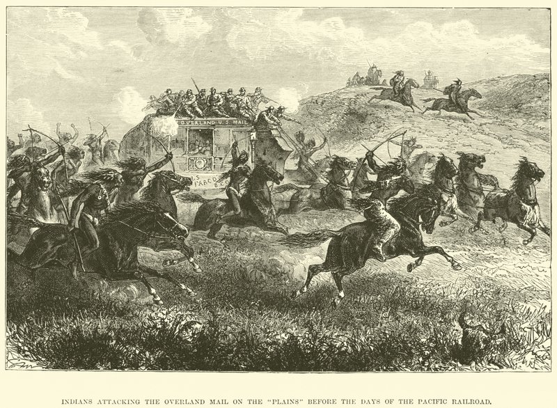 Indiánok megtámadják az Overland Mail-t a síkságon a Pacific Railroad napjai előtt alkotó: English School
