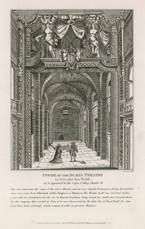 A Lincolns Inn Fields-i Dukes Színház belsejében, ahogyan II. Károly király uralkodása idején megjelent alkotó: English School