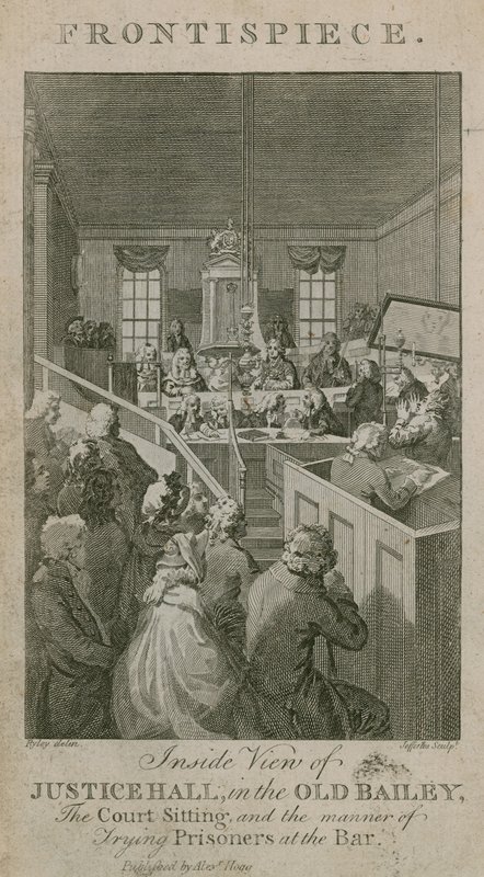 Az Old Bailey-i Justice Hall belső nézete, a bírósági ülés és a foglyok tárgyalásának módja a bárban alkotó: English School