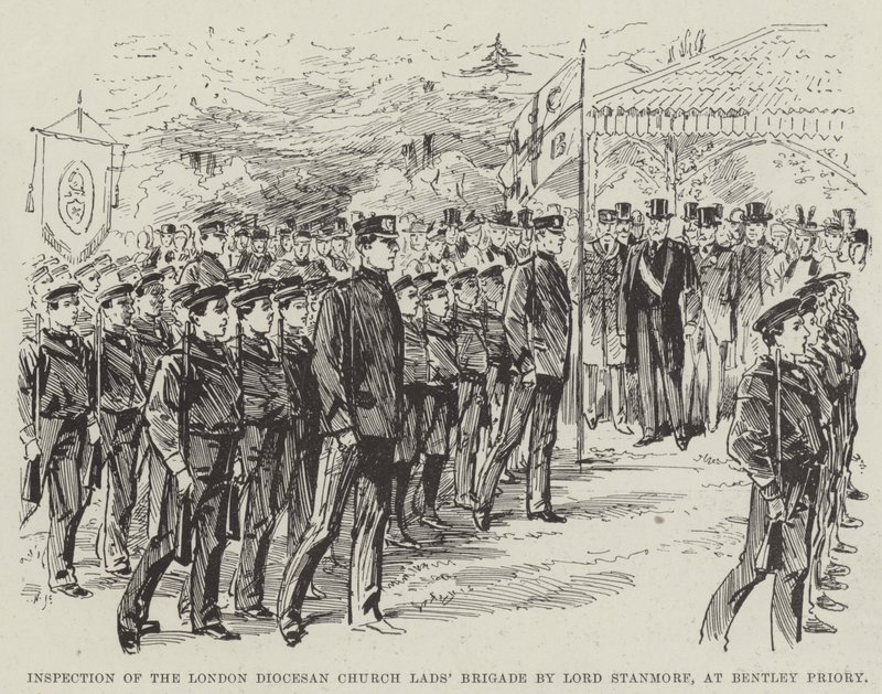 Lord Stanmore szemléje a londoni egyházmegye legények brigádjának a Bentley kolostorban (metszet) alkotó: English School