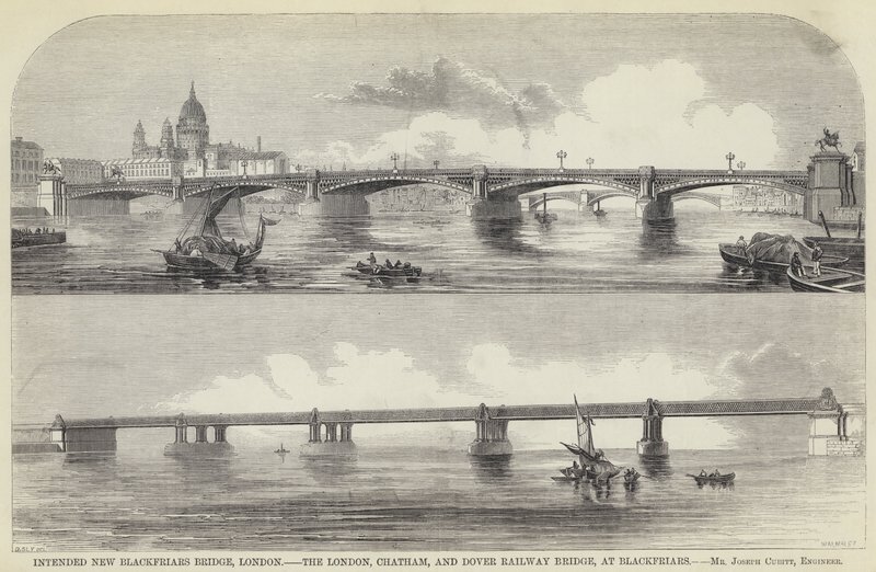 Tervezett New Blackfriars Bridge, London, a London, Chatham és Dover Railway Bridge, Blackfriarsnél (metszet) alkotó: English School