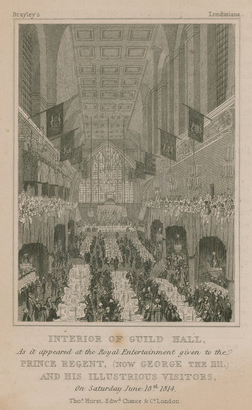 A londoni Guildhall belseje, ahogyan a régens hercegnek adott Royal Entertainmentben megjelent alkotó: English School