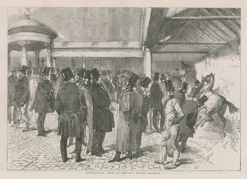 A Tattersalls aukciósház belső tere (metszet) alkotó: English School