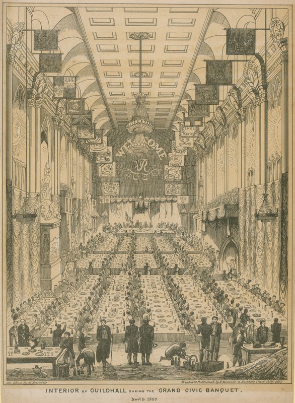A Céhház belseje a nagyszabású polgári lakoma idején, 1837. november 9. alkotó: English School