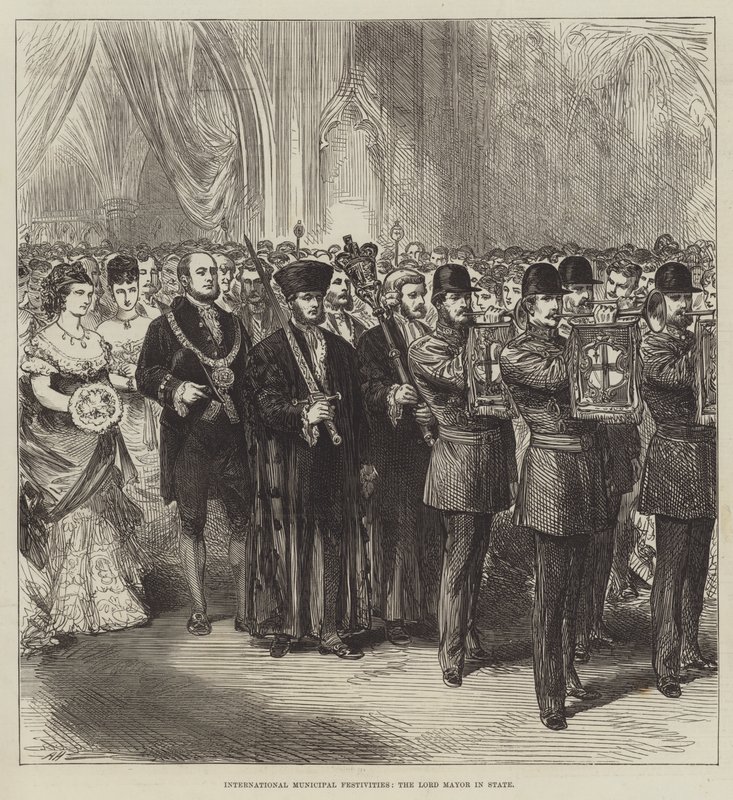 Nemzetközi önkormányzati ünnepségek, a Lord Mayor államban (metszet) alkotó: English School