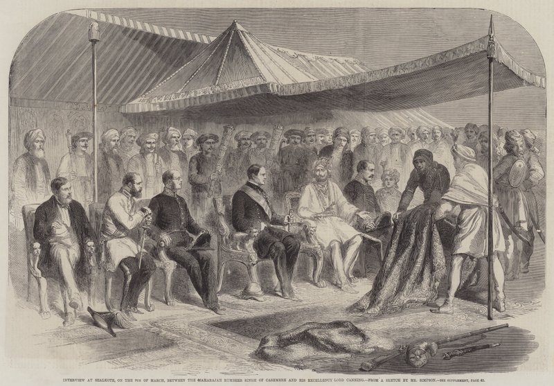 Interjú a Sealkote-ban március 9-én a kasmír maharadzsa Rumbeer Singh és Lord Canning őexcellenciája között (metszet) alkotó: English School