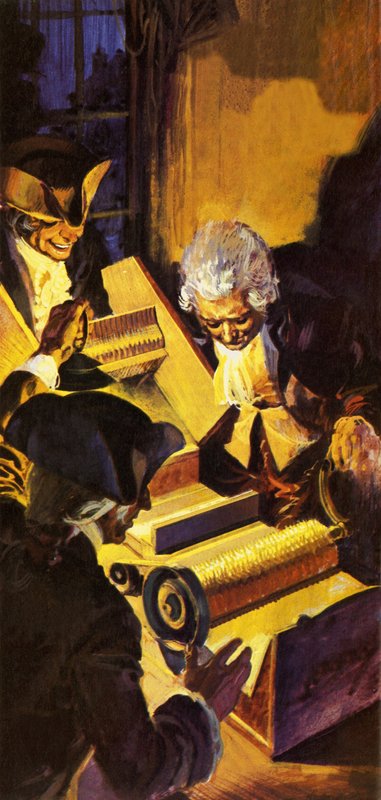 Betolakodók vizsgálják Eli Whitney gyapottisztítóját alkotó: English School