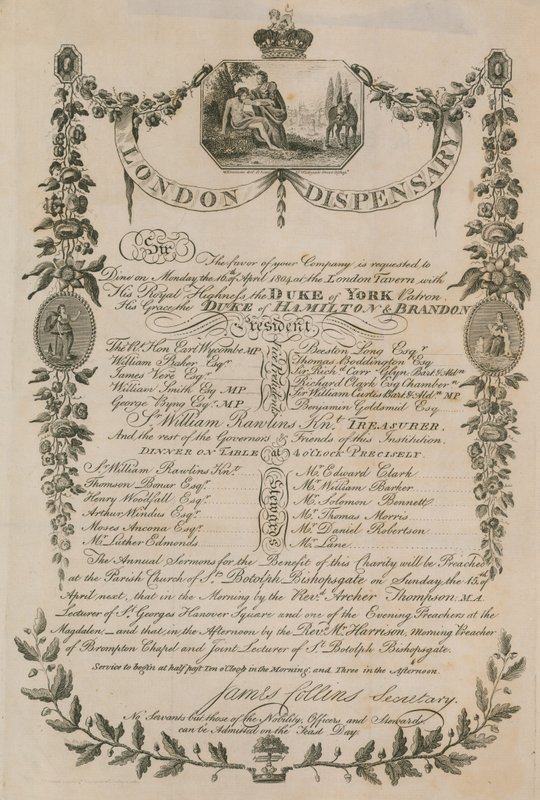 Meghívás a London Dispensary által a London Tavernben tartott vacsorára, 1804. április 16. alkotó: English School