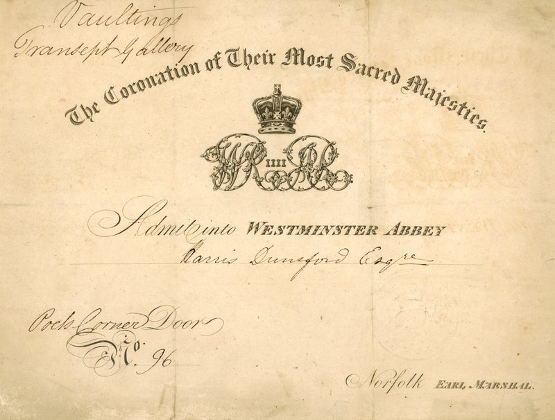 Meghívó IV. Vilmos király és Adelaide királynő megkoronázására alkotó: English School