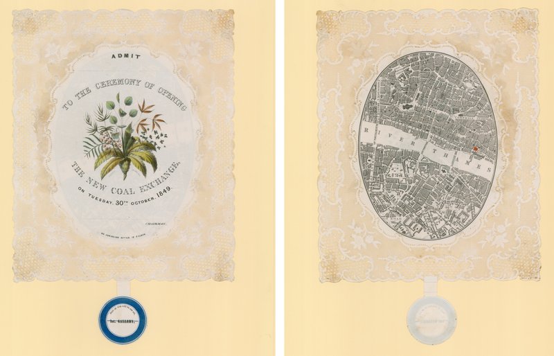 Meghívó az Új Széntőzsde megnyitásának ünnepségére, 1849. október 30., elöl és hátul alkotó: English School