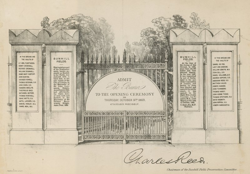 Meghívó a Bunhill Fields Cemetery megnyitójára alkotó: English School