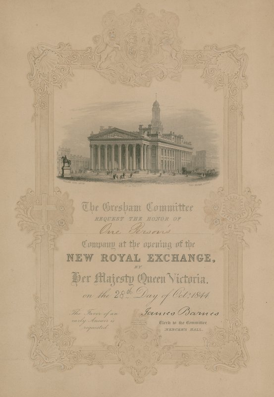 Viktória királynő 1844. október 28-i meghívója az új londoni királyi tőzsde megnyitójára alkotó: English School