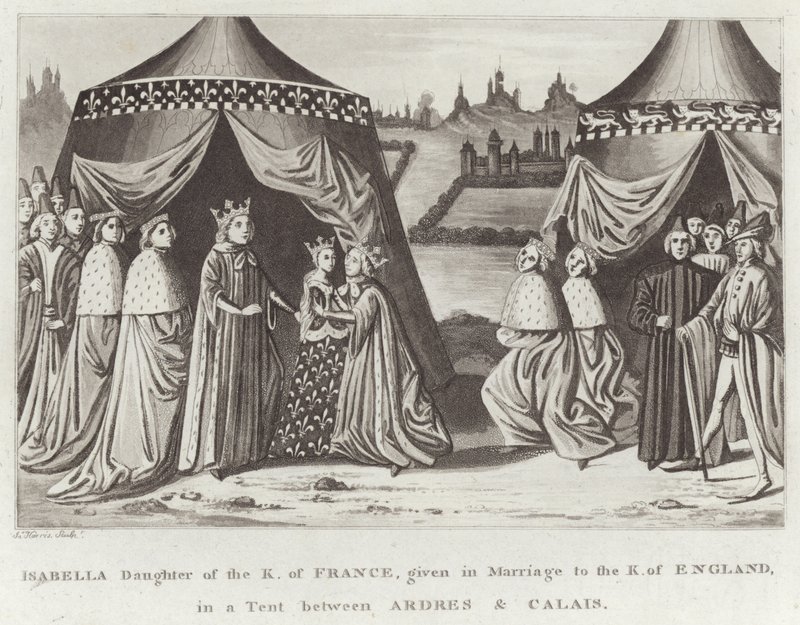 Isabella, a francia K. lánya, akit Anglia K.-jével kötött házasságban, egy sátorban Ardres és Calais között alkotó: English School