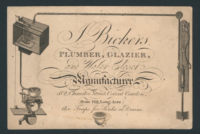 J Bickers, vízvezeték-szerelő, üvegező és WC-gyártó, 62 Chandos Street, Covent Garden, kereskedelmi kártya alkotó: English School
