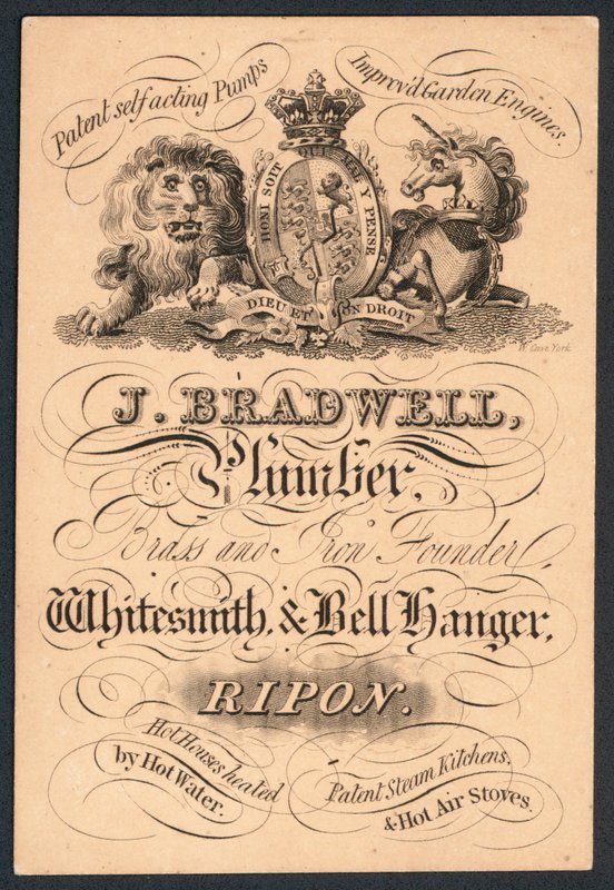 J Bradwell, vízvezeték-szerelő, sárgaréz és vas alapozó, kovács és harangakasztó, kereskedelmi kártya alkotó: English School